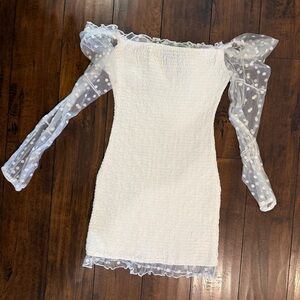 White Off-Shoulder Dress with Sheer Polka Dot Sleeves